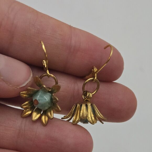 Vintage Aqua Swirled Glass Flower Dangle Earrings Brass Blue Mod - Picture 1 of 5